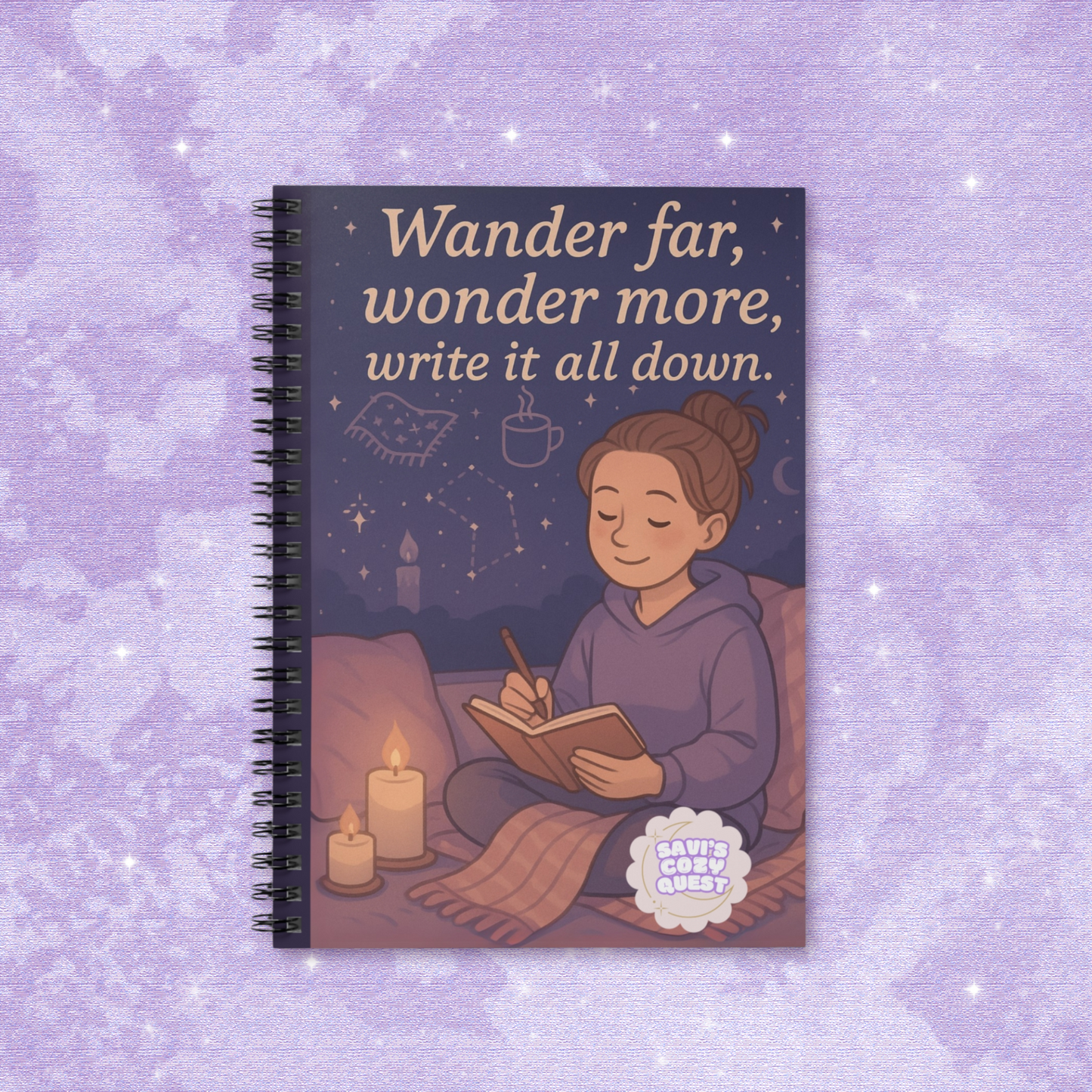 Copy of Wander Far, Wonder More, Write It All Down – Cozy Bookish Spiral Notebook (6x8")