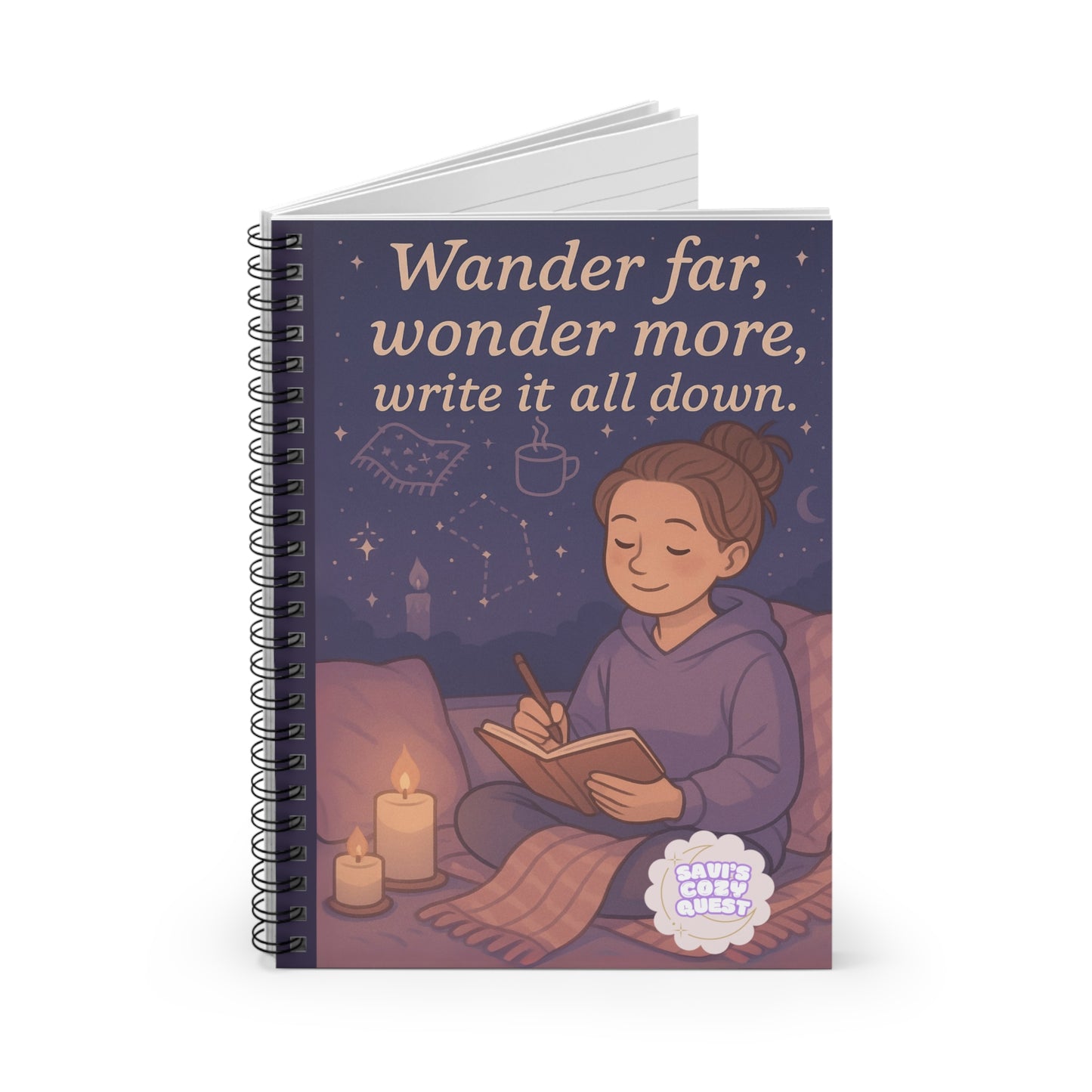 Copy of Wander Far, Wonder More, Write It All Down – Cozy Bookish Spiral Notebook (6x8")