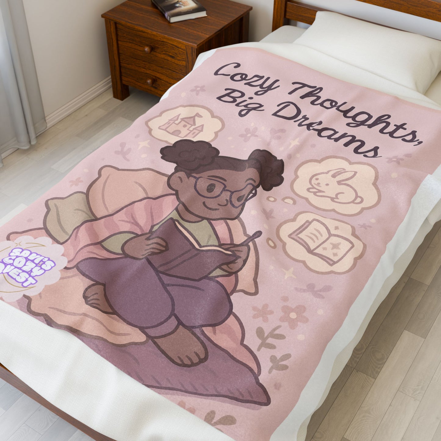Cozy Thoughts Velveteen Blanket - Big Dreams, Plush Throw for Relaxation, Gift for Kids, Nursery Decor, Afternoon Snuggle