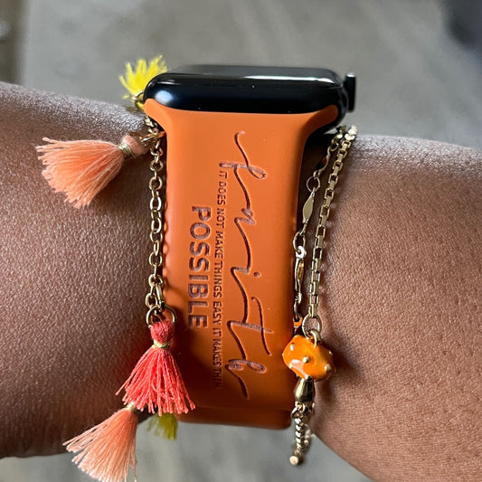Rust Faith Makes It Possible watch band for Apple Watch worn with tassel bracelets