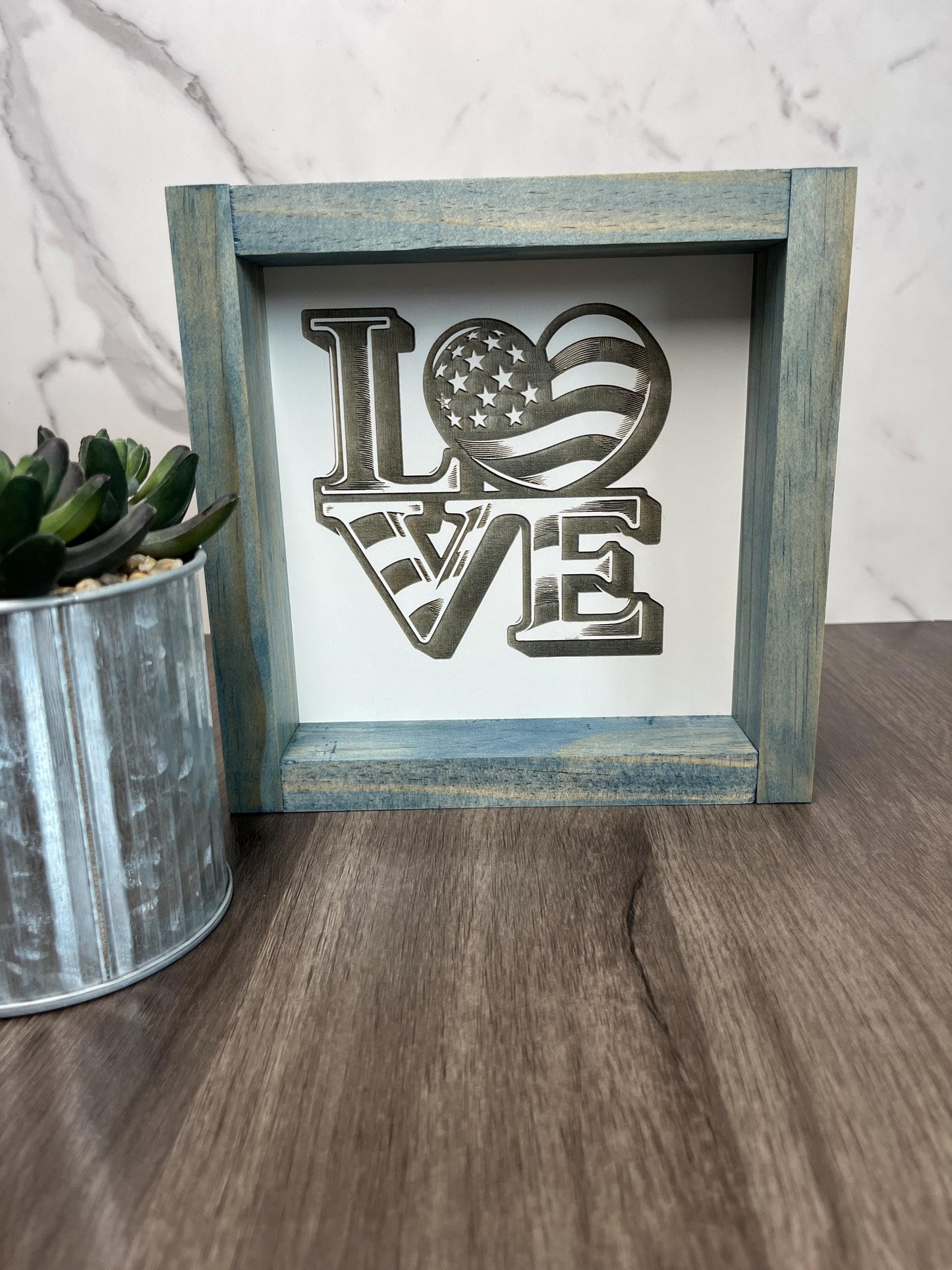 Patriotic LOVE Sign | Rustic Wood Frame | 4th of July Home Decor | American Flag Heart Wall Art | Farmhouse USA Decor