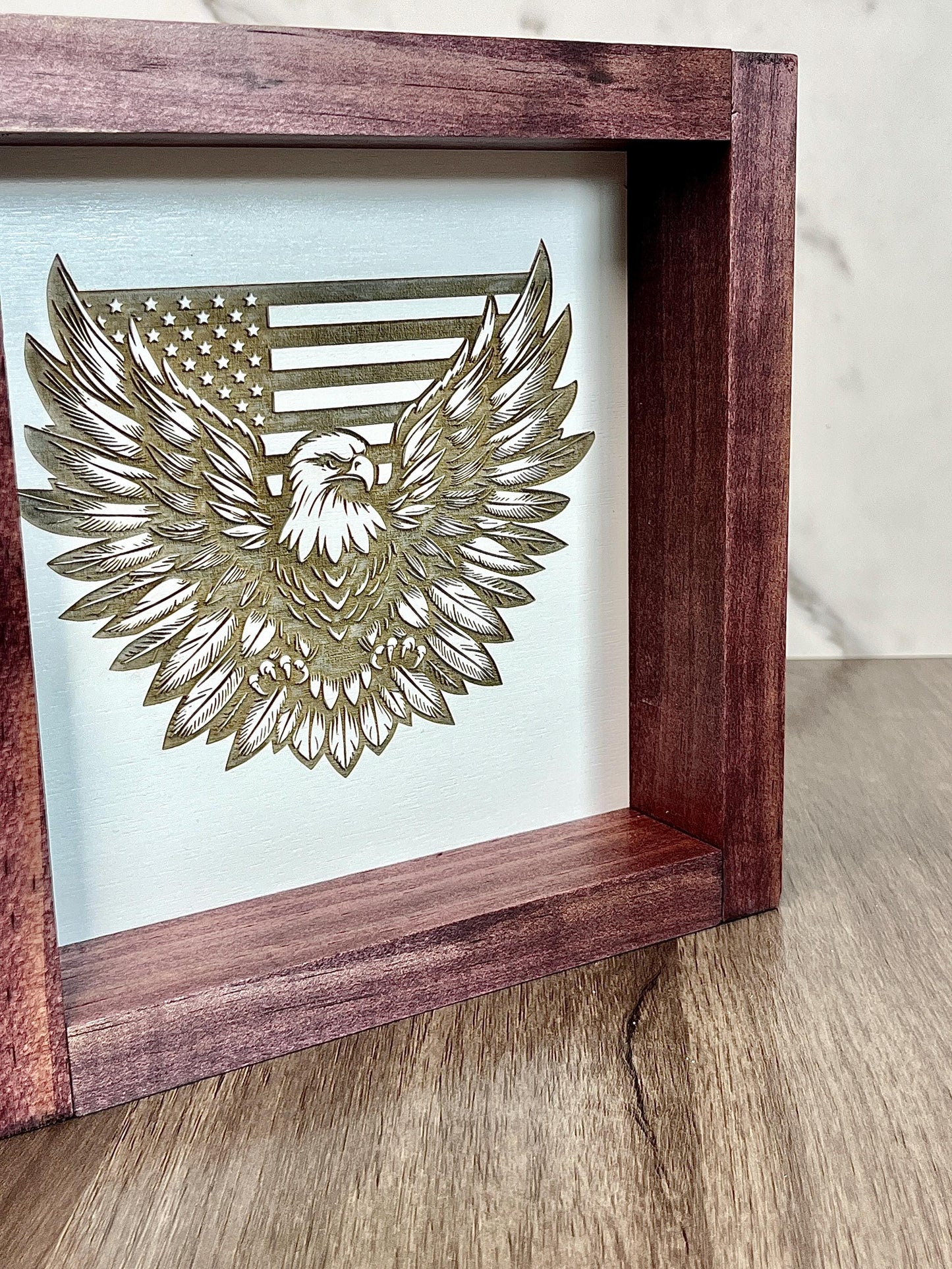 Patriotic Eagle Wood Sign | 8x8 USA Flag Wall Art | Handmade Laser Engraved Decor | Rustic American Gift | Veteran Home Sign