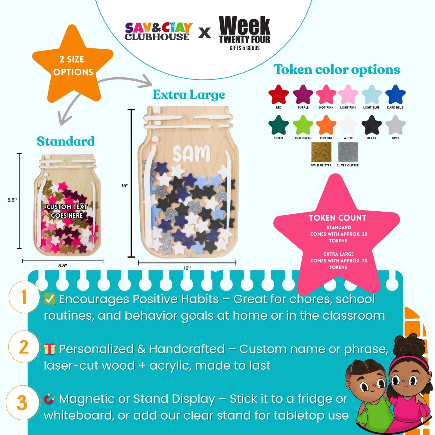 Personalized Reward Jar for Kids – Custom Behavior Chart, Positive Reinforcement Tool, Magnetic or Stand Display – Classroom & Home- Rainbow
