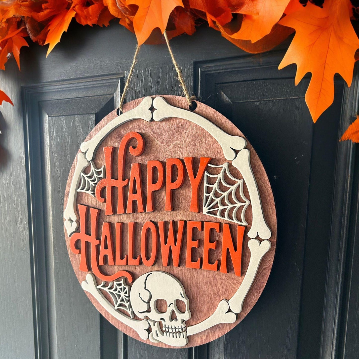 Halloween Door Hanger | Birch Wood Stained & Painted Sign | Farmhouse Front Door Decor | Spooky Fall Porch Decoration| Skull and bones decor