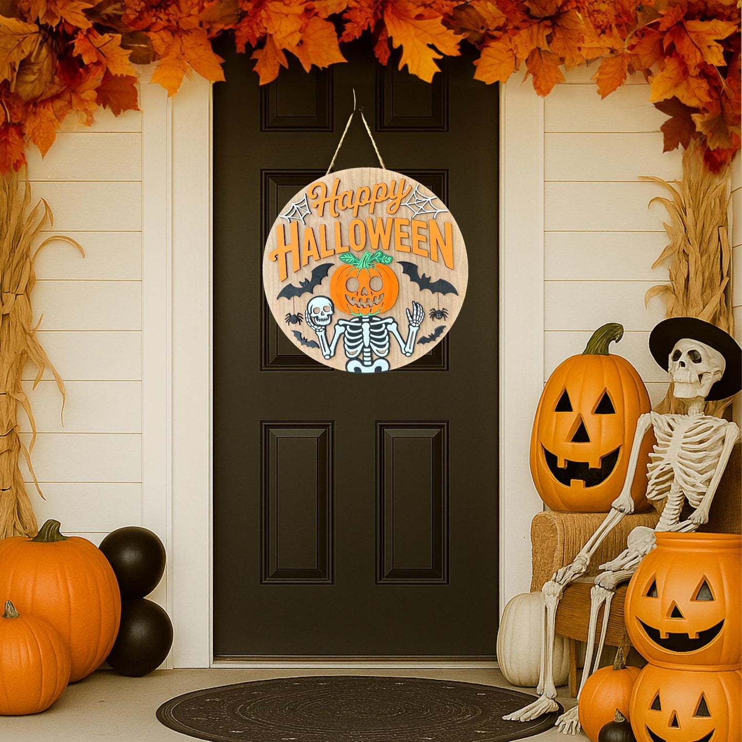 Happy Halloween Door Hanger | Skeleton Pumpkin Sign | Spooky Porch Decor | Halloween Front Door Decoration | Trick or Treat Sign