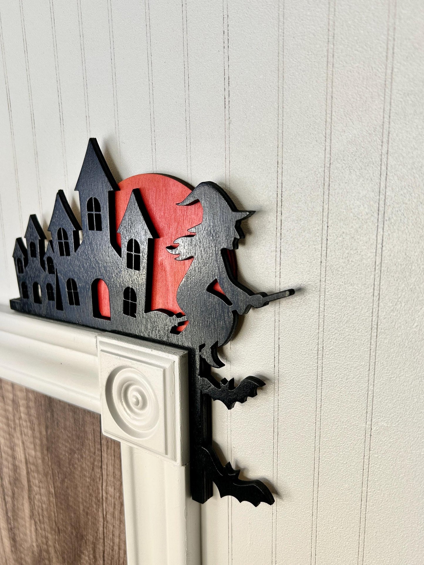 Halloween Haunted Mansion Door Corner Sign | Witch on Ledge with Blood Moon | Layered Birch Wood Gothic Decor