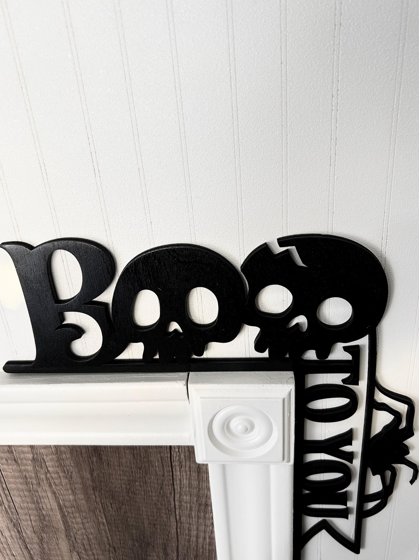 Boo To You Halloween Door Corner Sign | Skeleton Lettering All Black | Spooky Birch Wood Wall Decor
