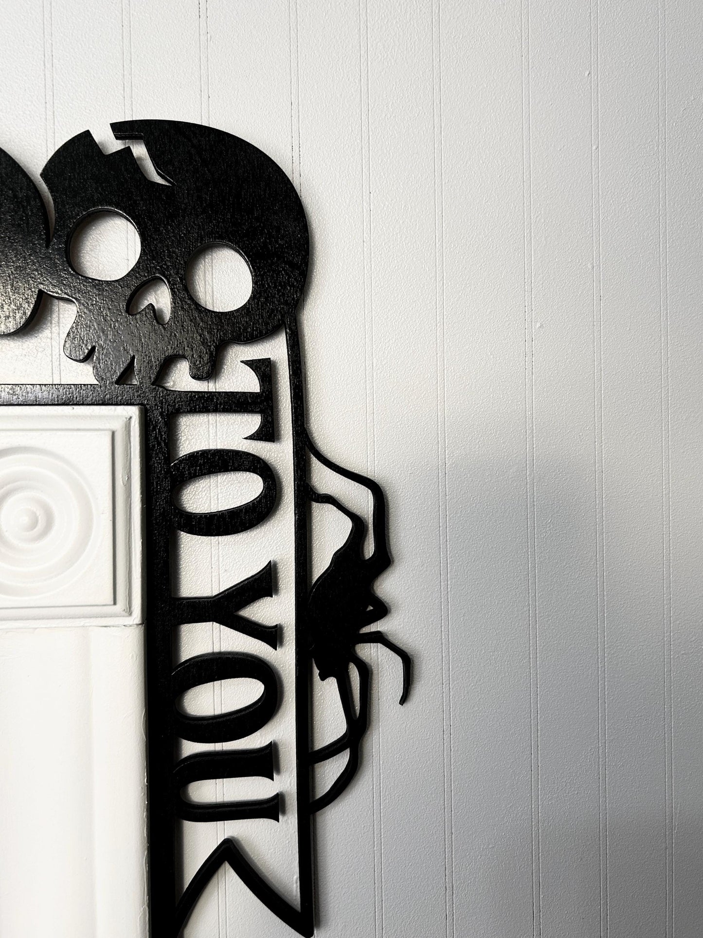 Boo To You Halloween Door Corner Sign | Skeleton Lettering All Black | Spooky Birch Wood Wall Decor