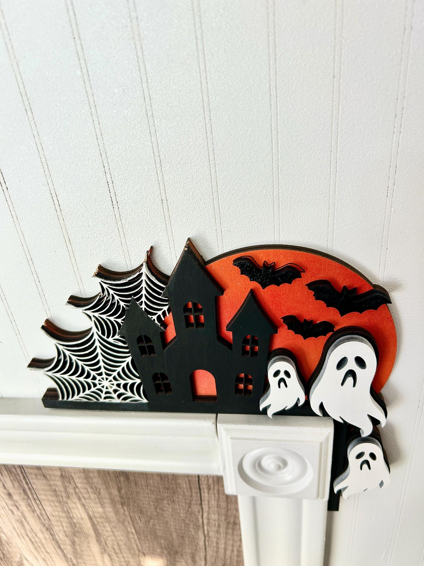 Halloween Haunted House Door Corner Sign | Blood Moon with Ghosts, Bats & Cobwebs | Layered Birch Wood Decor