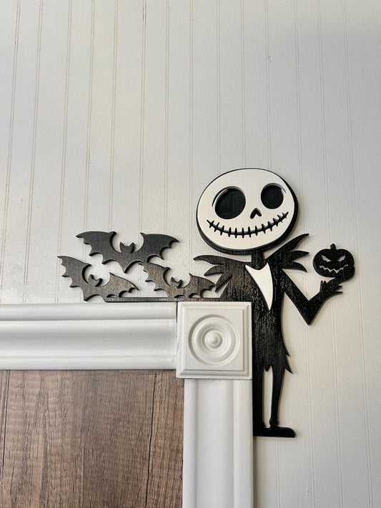 Halloween Skeleton Pumpkin Door Corner Sign | Spooky Figure with Bats | Layered Birch Wood Gothic Decor