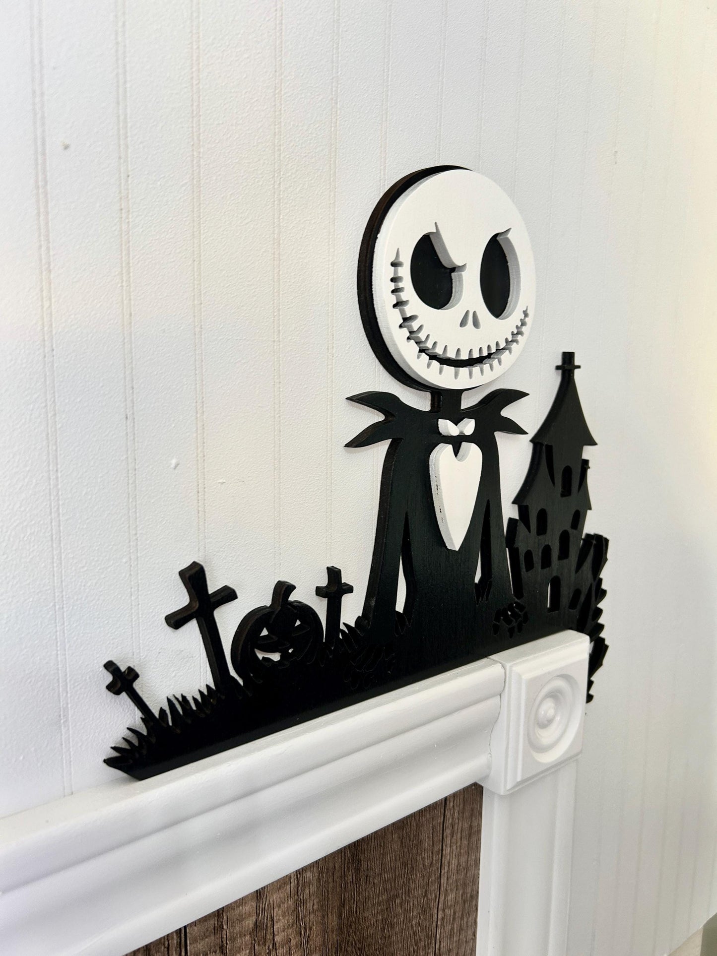 Halloween Skeleton Door Corner Sign | Haunted house with Pumpkin Graveyard | Gothic Layered Wood Decor