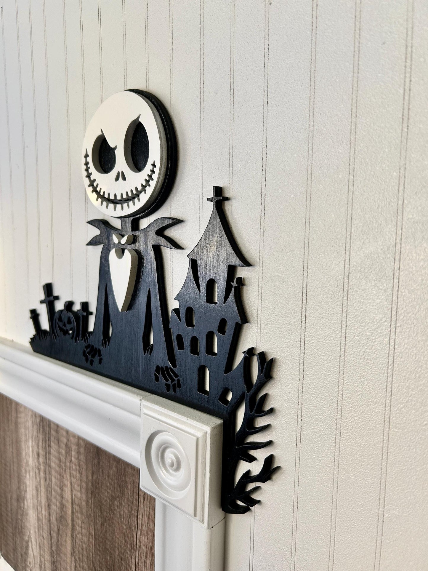 Halloween Skeleton Door Corner Sign | Haunted house with Pumpkin Graveyard | Gothic Layered Wood Decor