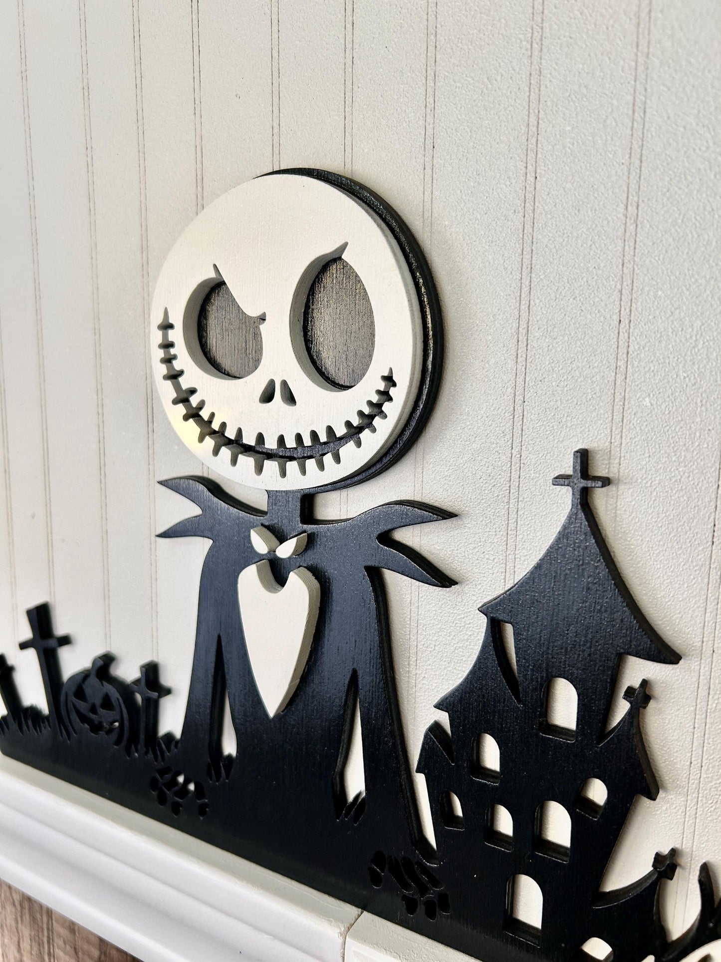 Halloween Skeleton Door Corner Sign | Haunted house with Pumpkin Graveyard | Gothic Layered Wood Decor