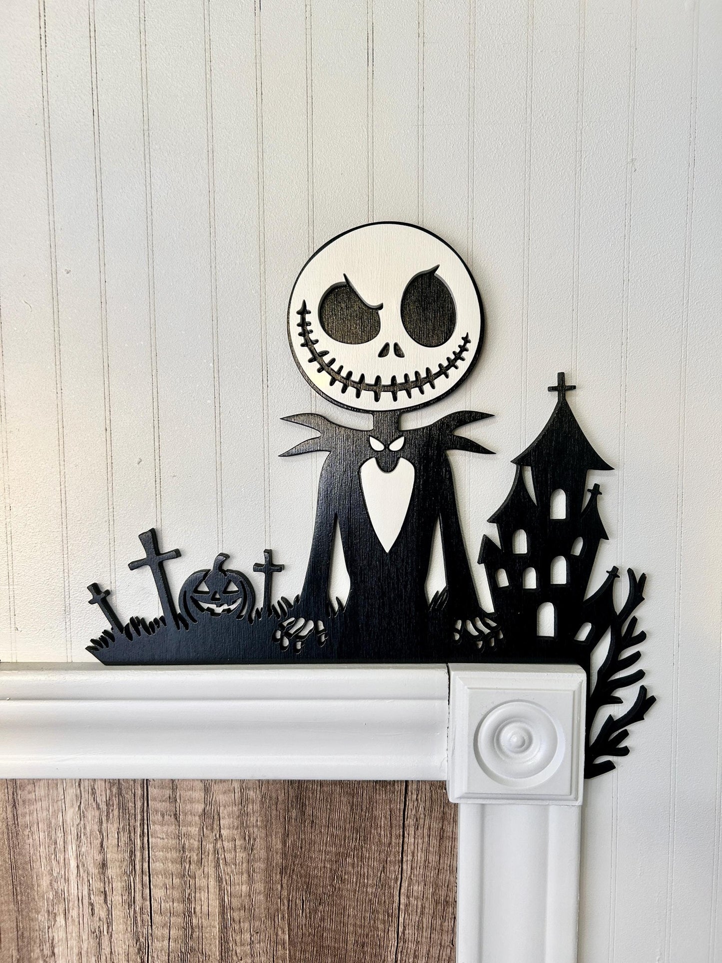 Halloween Skeleton Door Corner Sign | Haunted house with Pumpkin Graveyard | Gothic Layered Wood Decor