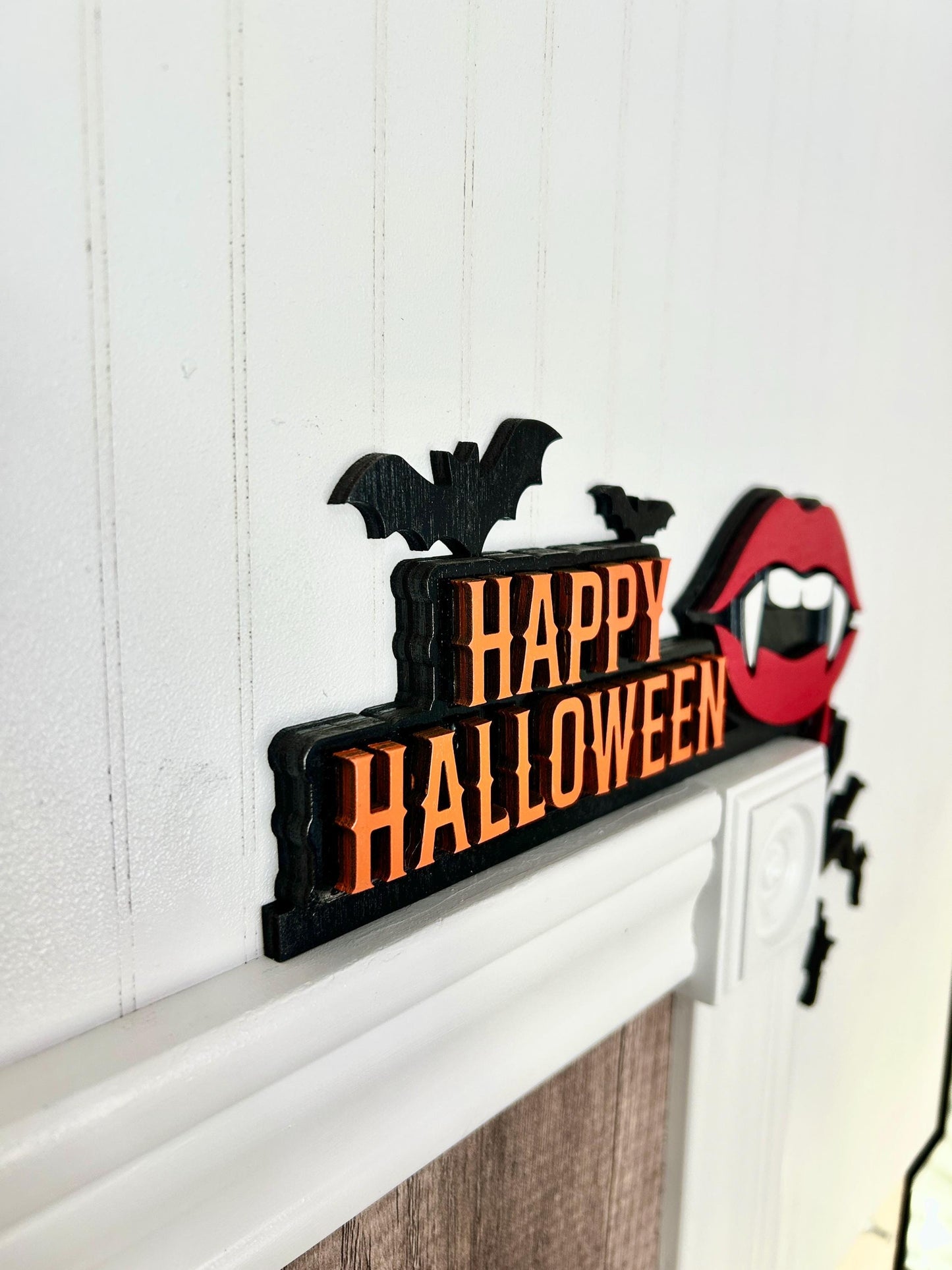 Happy Halloween Door Corner Sign | Vampire Lips with Fangs & Bats | Painted Birch Wood Gothic Decor