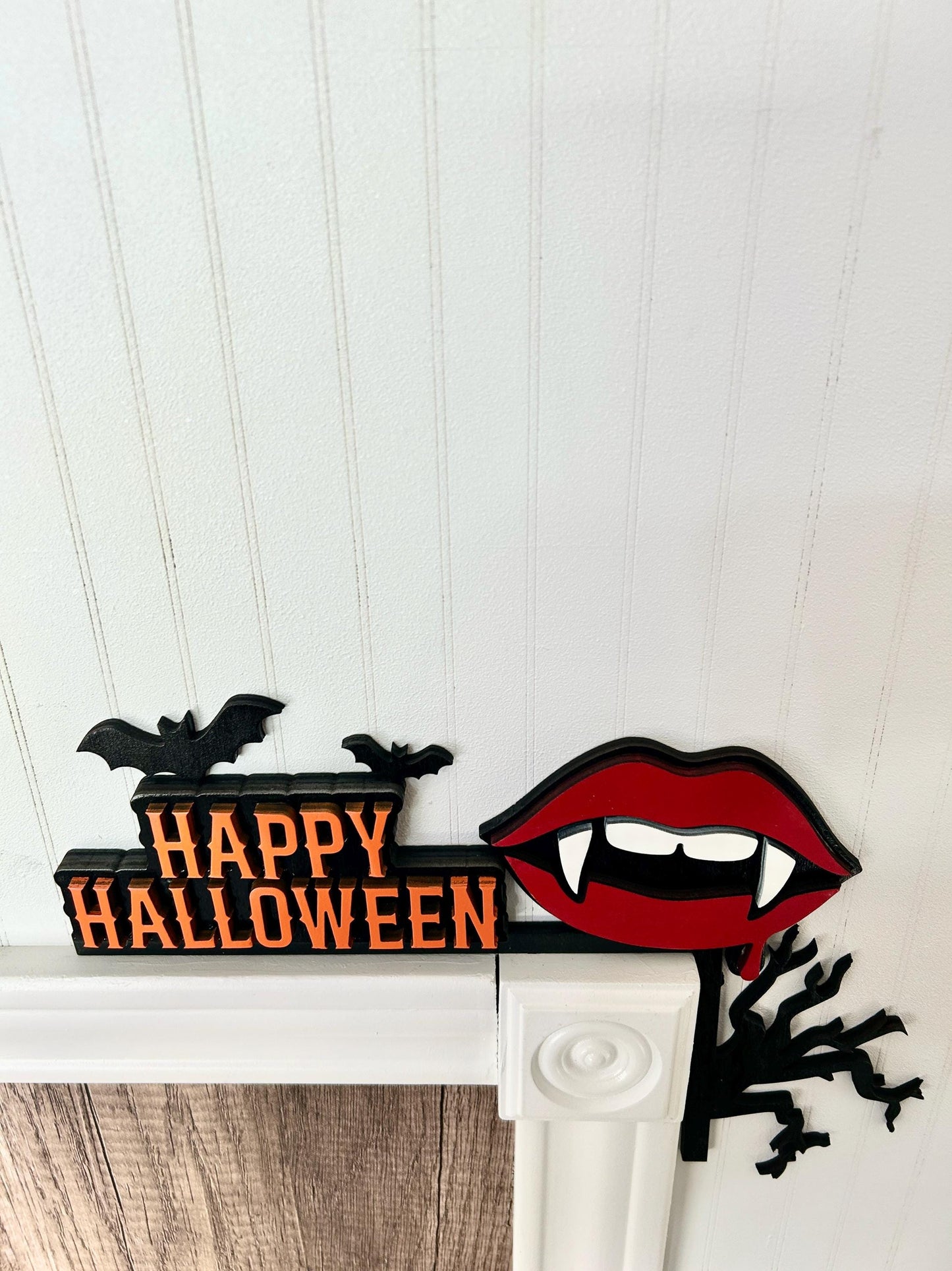 Happy Halloween Door Corner Sign | Vampire Lips with Fangs & Bats | Painted Birch Wood Gothic Decor