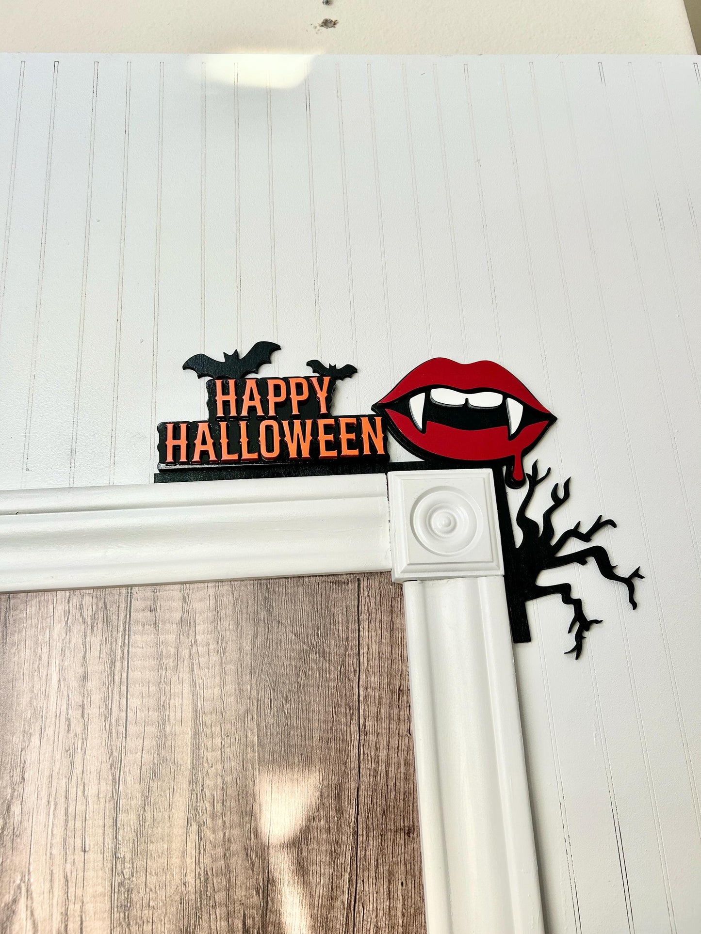 Happy Halloween Door Corner Sign | Vampire Lips with Fangs & Bats | Painted Birch Wood Gothic Decor