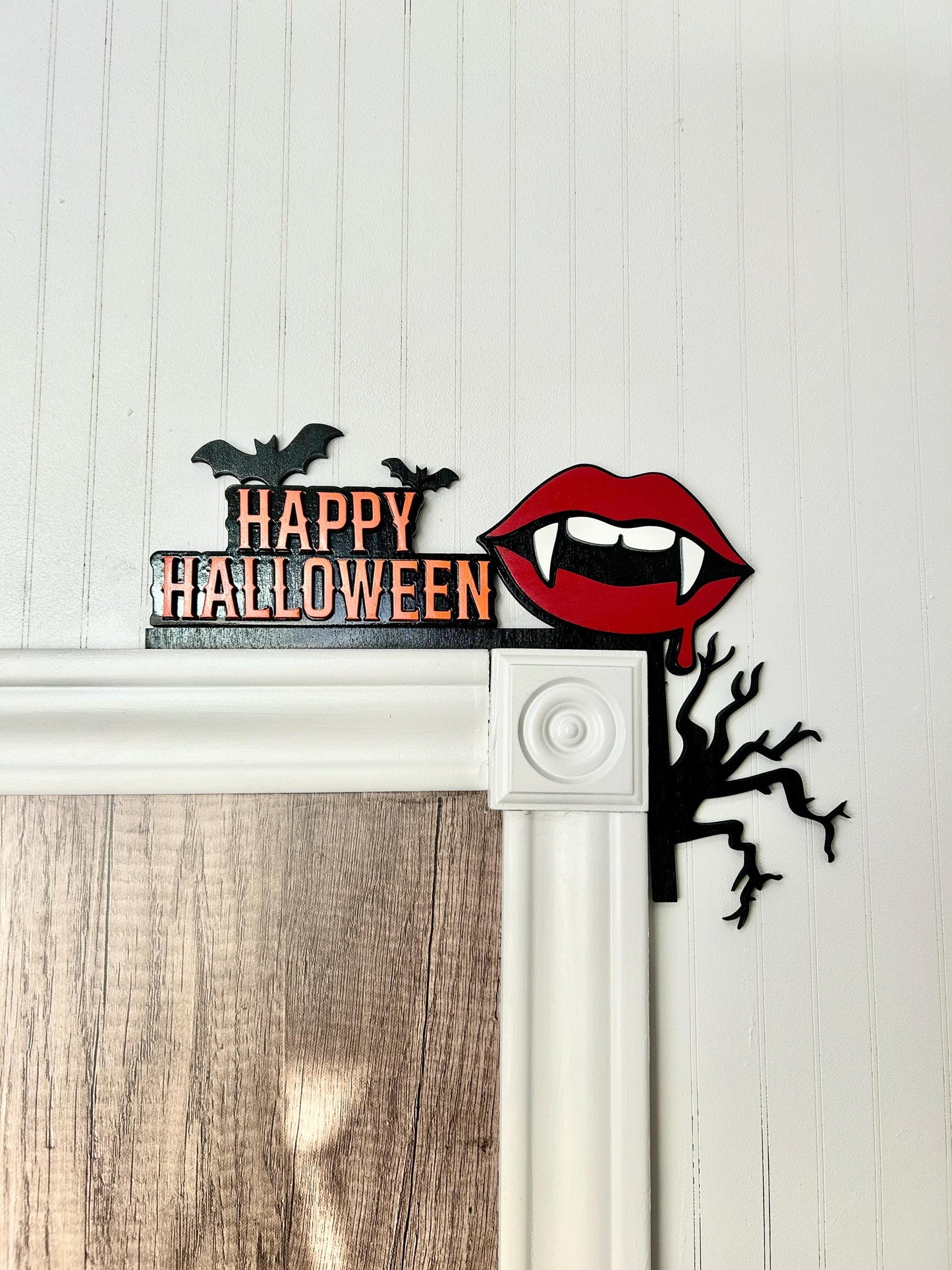 Happy Halloween Door Corner Sign | Vampire Lips with Fangs & Bats | Painted Birch Wood Gothic Decor
