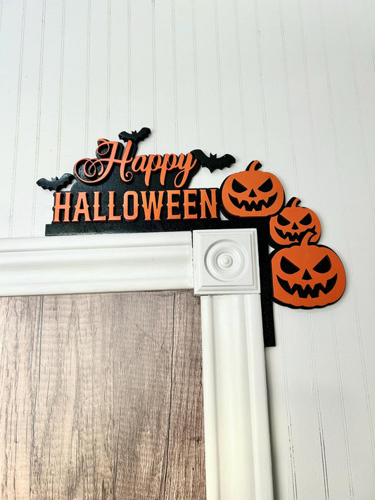 Happy Halloween Door Corner Sign | Layered Wood Jack O Lanterns & Bats | Painted Birch Wood Entryway Decor
