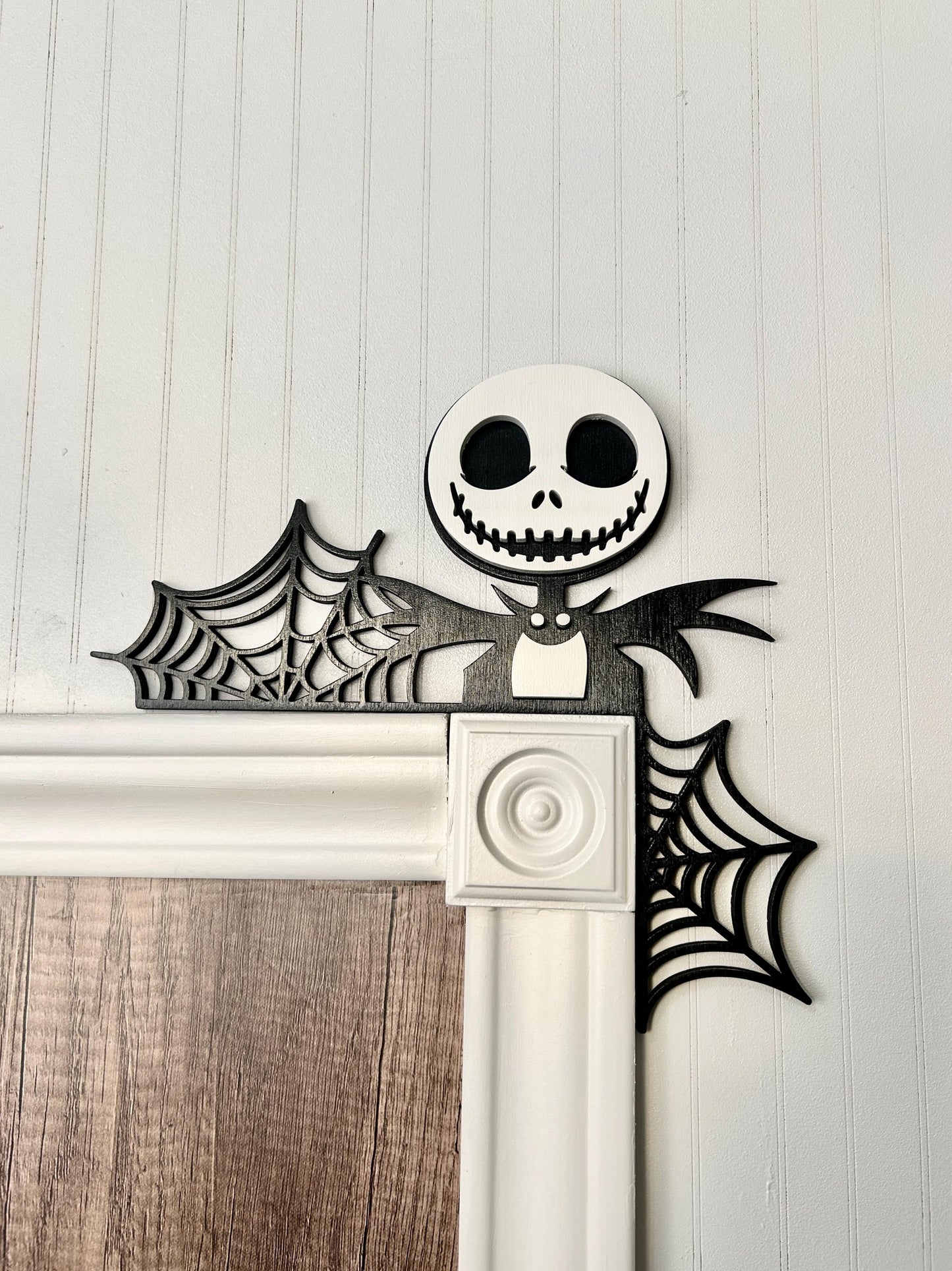 Halloween Skeleton Door Corner Sign | Black & White Spiderweb Design | Gothic Birch Wood Wall Decor