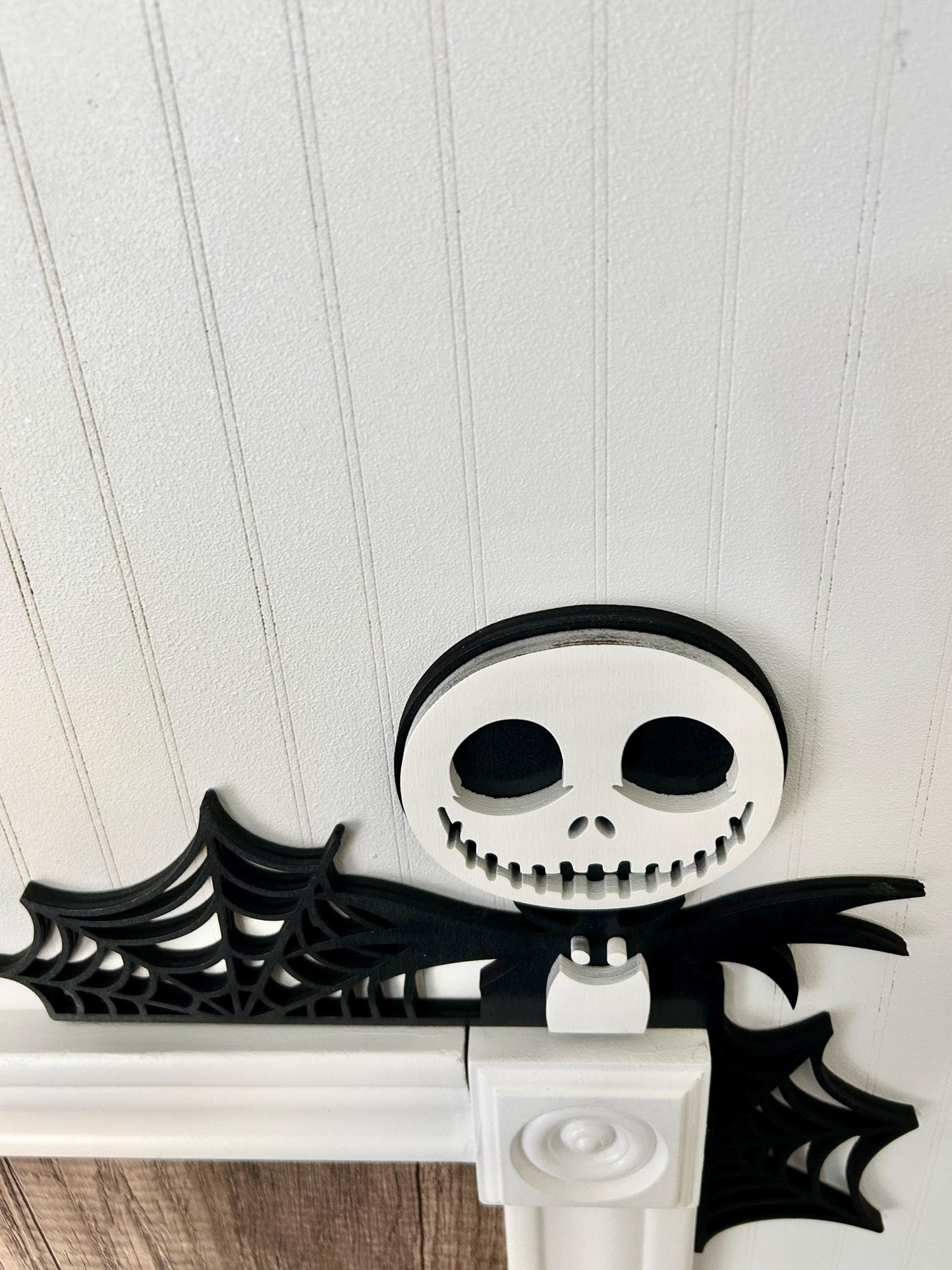 Halloween Skeleton Door Corner Sign | Black & White Spiderweb Design | Gothic Birch Wood Wall Decor