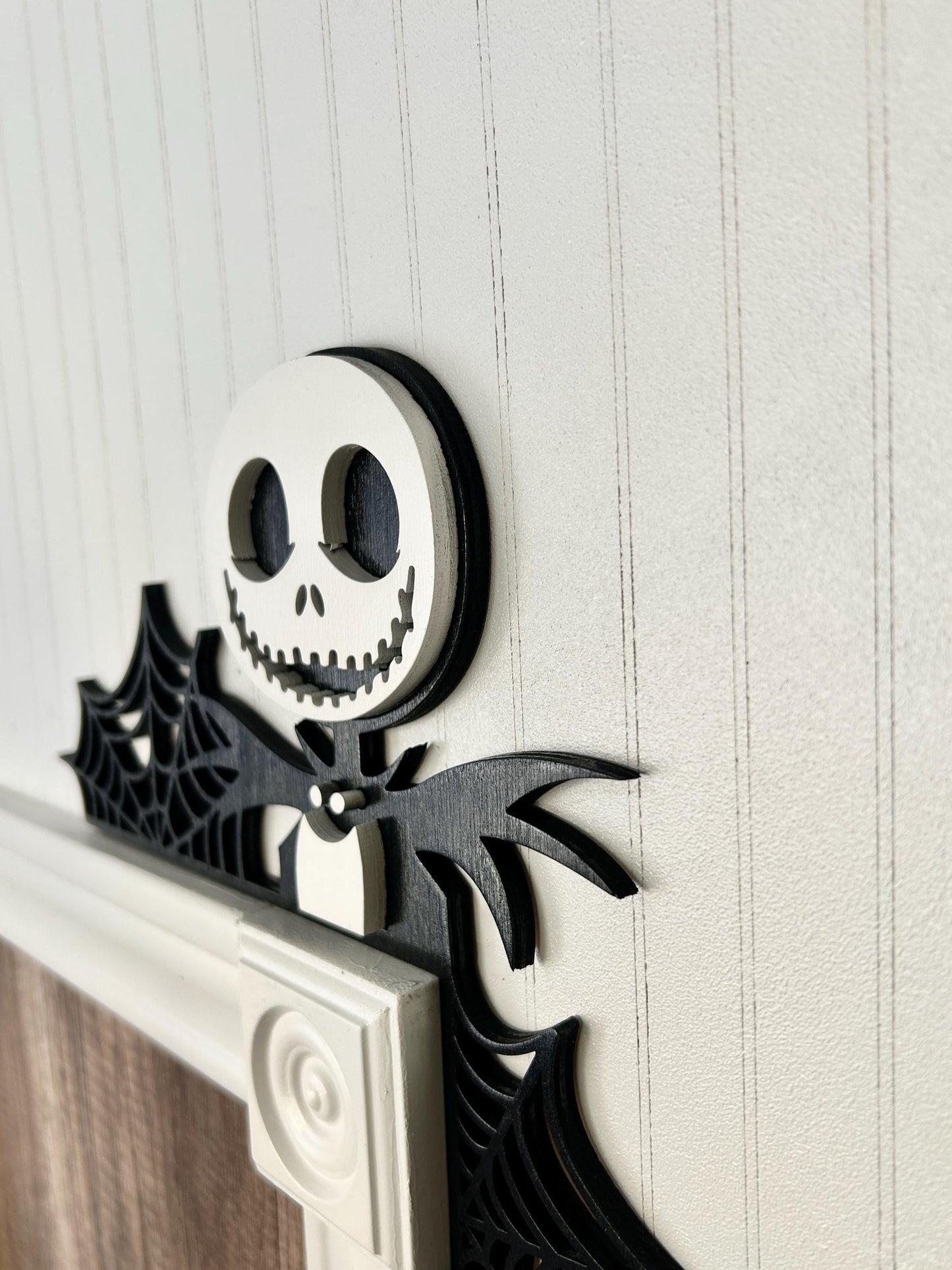Halloween Skeleton Door Corner Sign | Black & White Spiderweb Design | Gothic Birch Wood Wall Decor