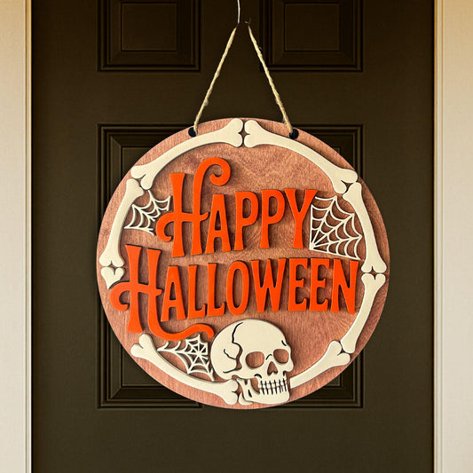 Halloween Door Hanger | Birch Wood Stained & Painted Sign | Farmhouse Front Door Decor | Spooky Fall Porch Decoration| Skull and bones decor