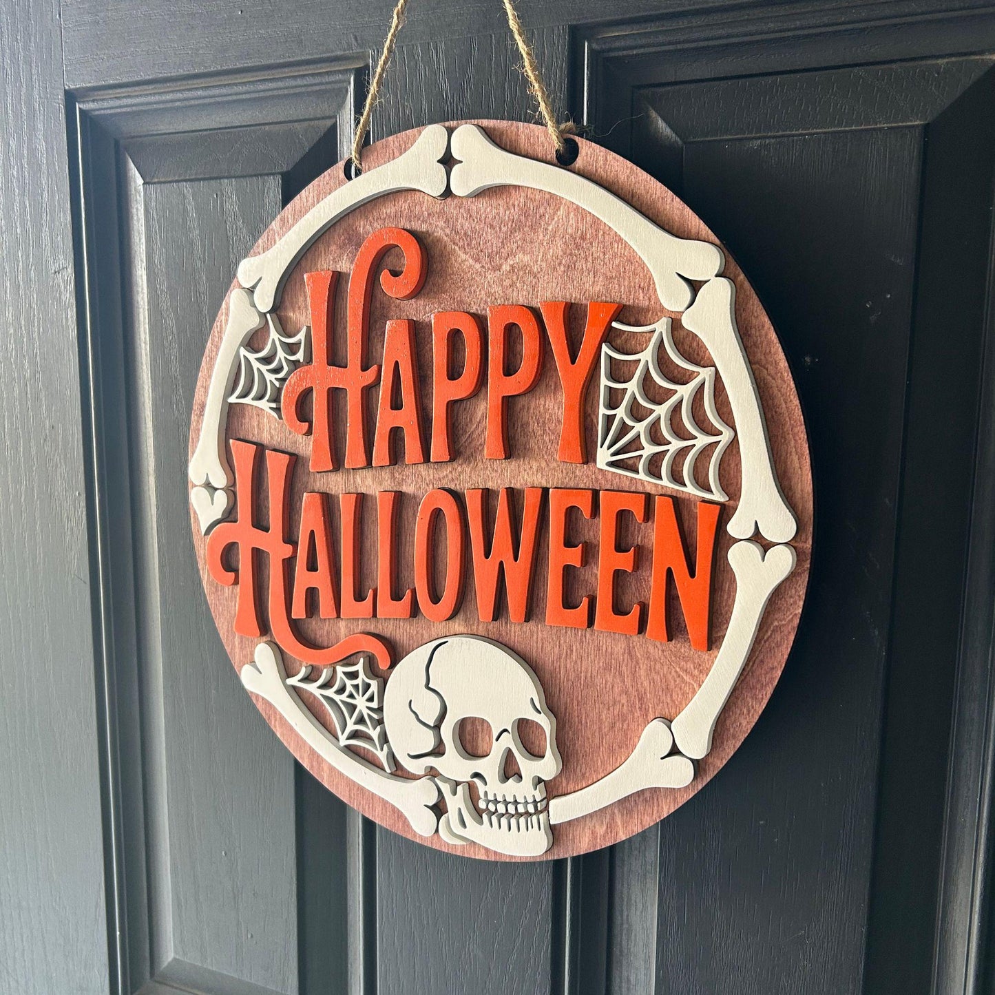 Halloween Door Hanger | Birch Wood Stained & Painted Sign | Farmhouse Front Door Decor | Spooky Fall Porch Decoration| Skull and bones decor