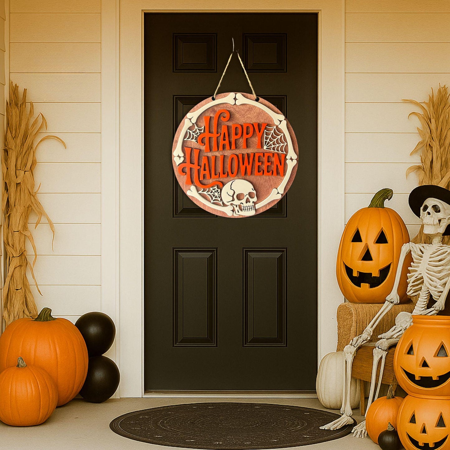 Halloween Door Hanger | Birch Wood Stained & Painted Sign | Farmhouse Front Door Decor | Spooky Fall Porch Decoration| Skull and bones decor