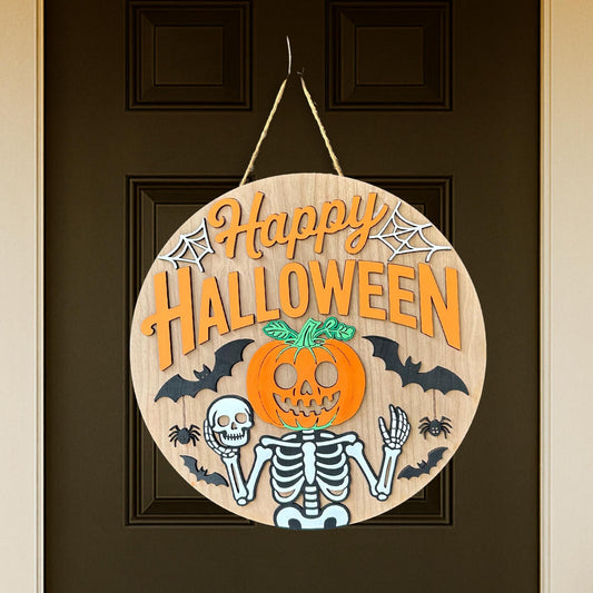 Happy Halloween Door Hanger | Skeleton Pumpkin Sign | Spooky Porch Decor | Halloween Front Door Decoration | Trick or Treat Sign