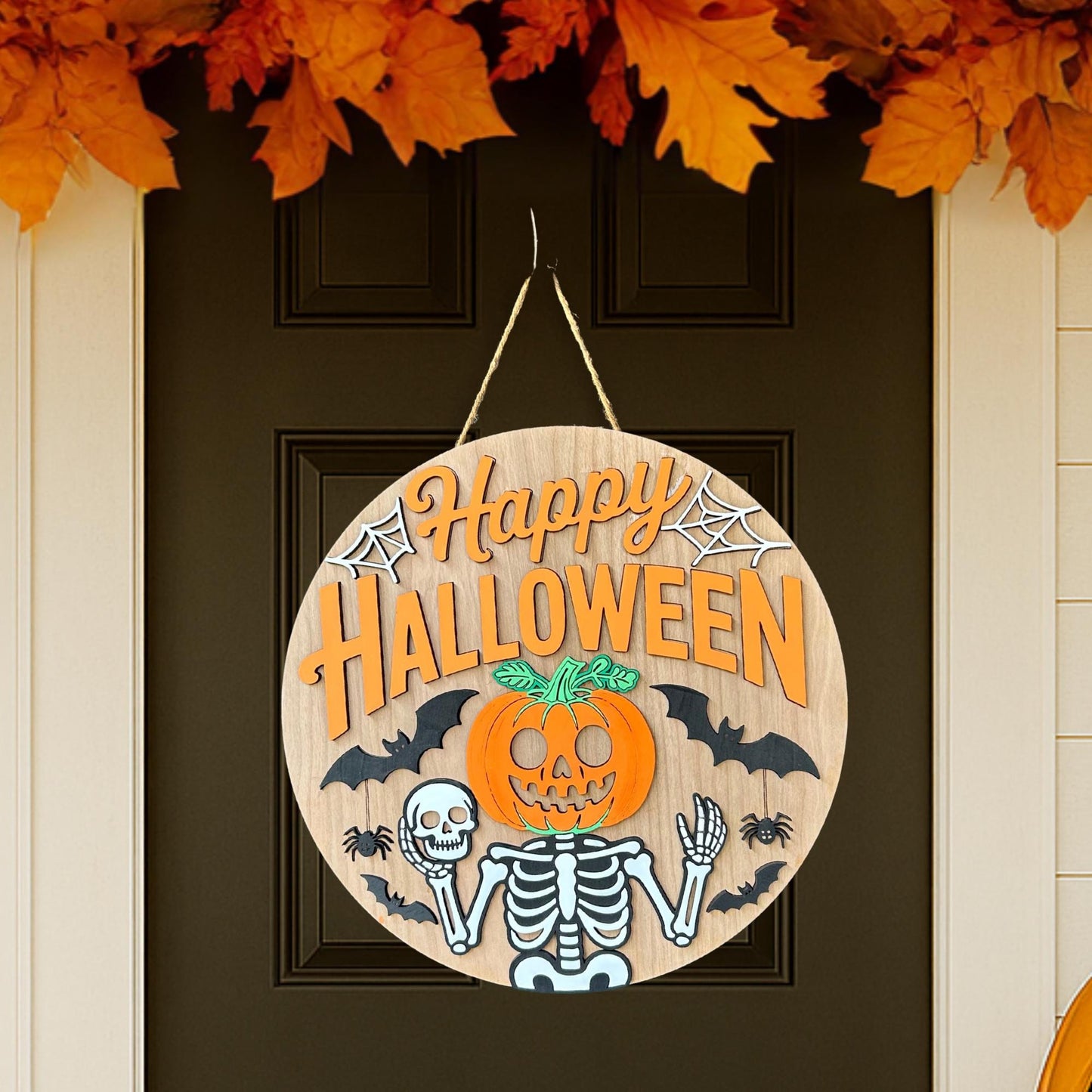 Happy Halloween Door Hanger | Skeleton Pumpkin Sign | Spooky Porch Decor | Halloween Front Door Decoration | Trick or Treat Sign