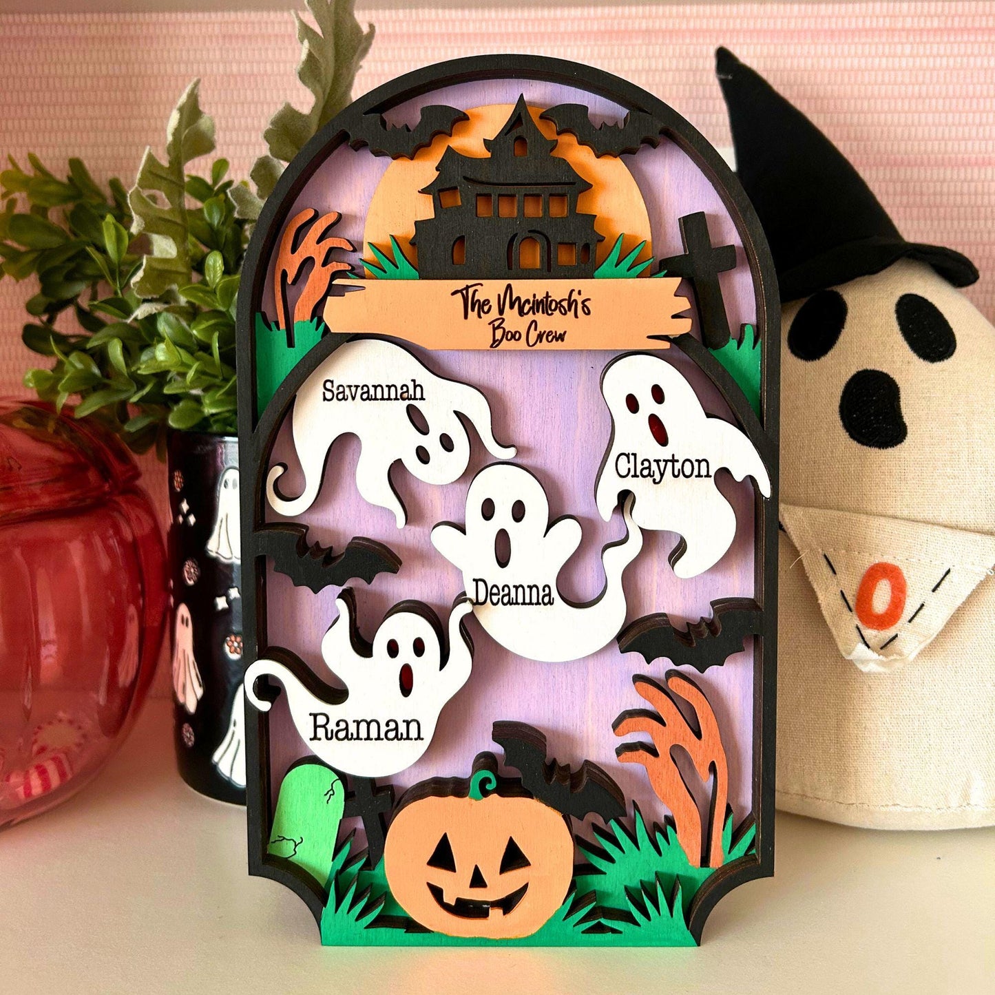 Personalized Ghost Family Sign, Custom Halloween Shelf Sitter with Last Name, Hand Painted Birch Wood Decor, Halloween tabletop decor