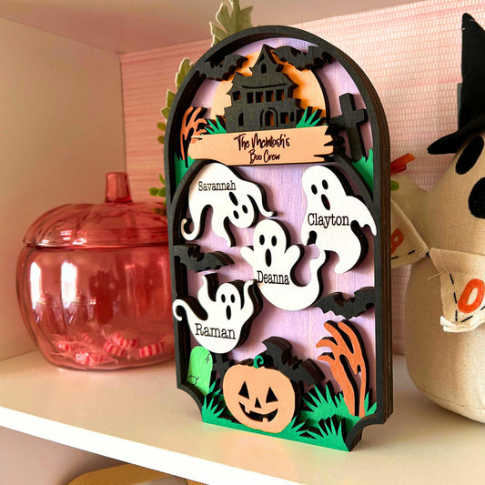 Personalized Ghost Family Sign, Custom Halloween Shelf Sitter with Last Name, Hand Painted Birch Wood Decor, Halloween tabletop decor