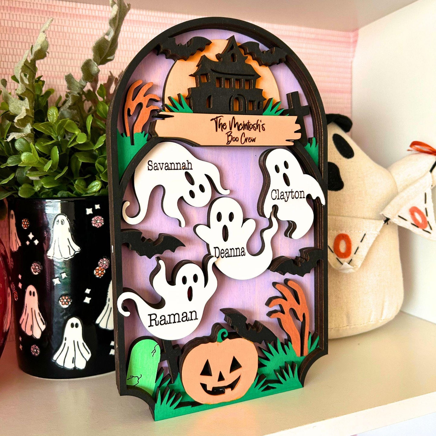 Personalized Ghost Family Sign, Custom Halloween Shelf Sitter with Last Name, Hand Painted Birch Wood Decor, Halloween tabletop decor