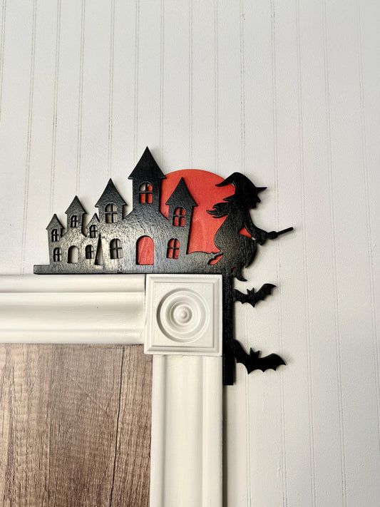 Halloween Haunted Mansion Door Corner Sign | Witch on Ledge with Blood Moon | Layered Birch Wood Gothic Decor
