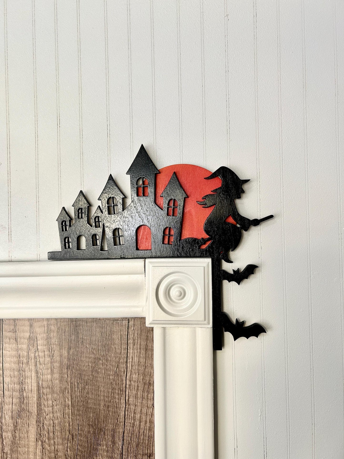 Halloween Haunted Mansion Door Corner Sign | Witch on Ledge with Blood Moon | Layered Birch Wood Gothic Decor
