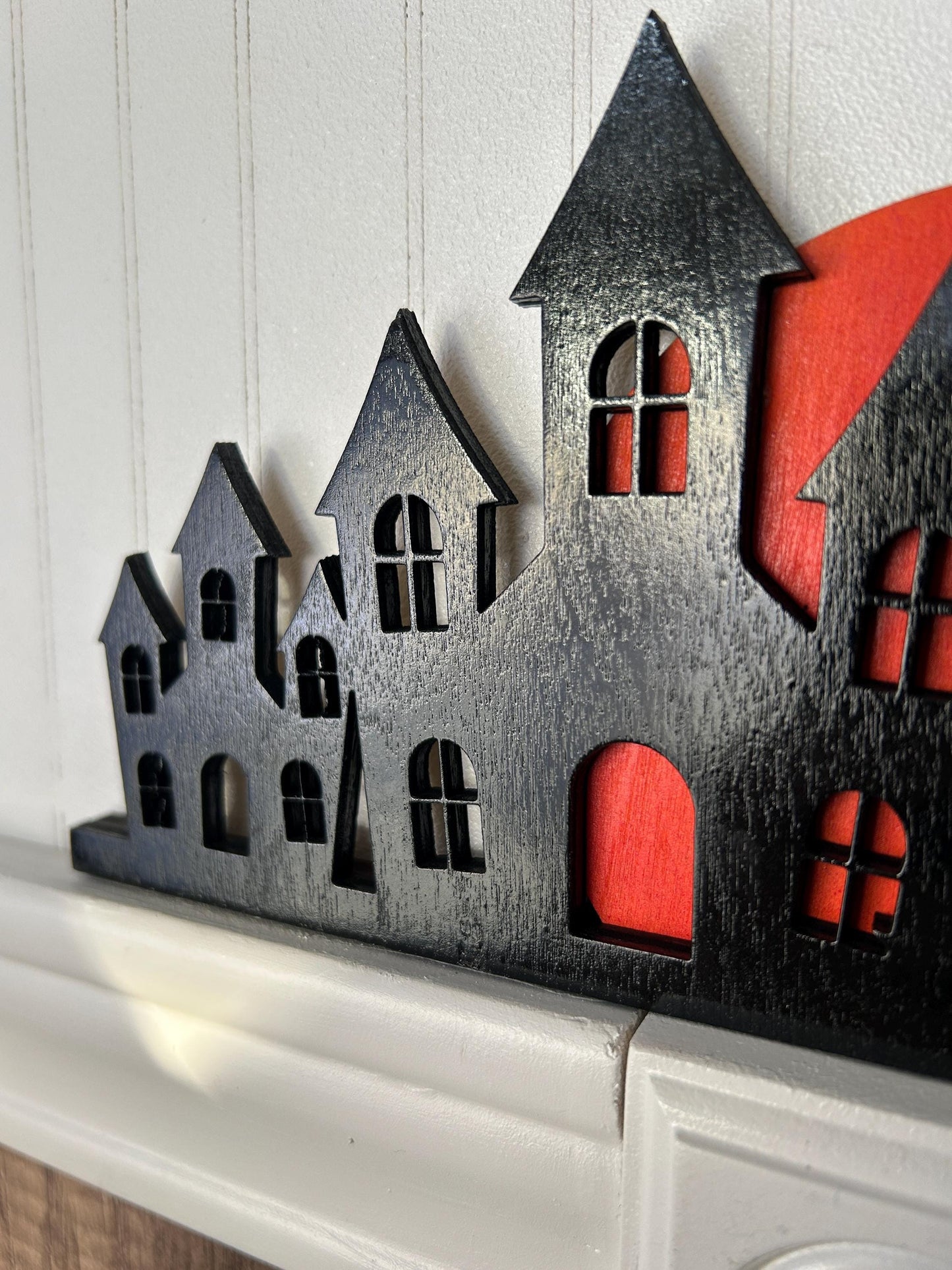 Halloween Haunted Mansion Door Corner Sign | Witch on Ledge with Blood Moon | Layered Birch Wood Gothic Decor