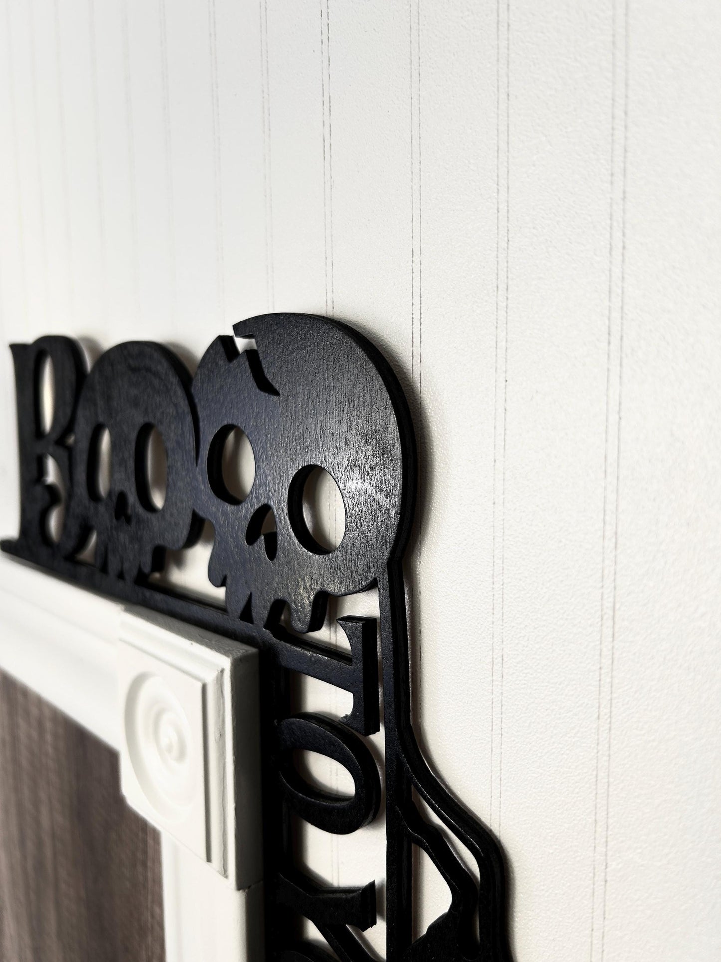 Boo To You Halloween Door Corner Sign | Skeleton Lettering All Black | Spooky Birch Wood Wall Decor