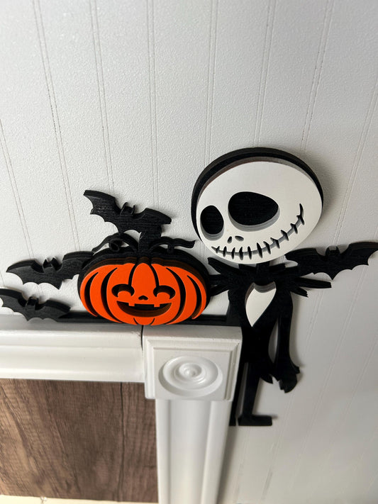 Halloween Skeleton Door Corner Sign | Pumpkin with Bats | Layered Birch Wood Spooky Wall Decor