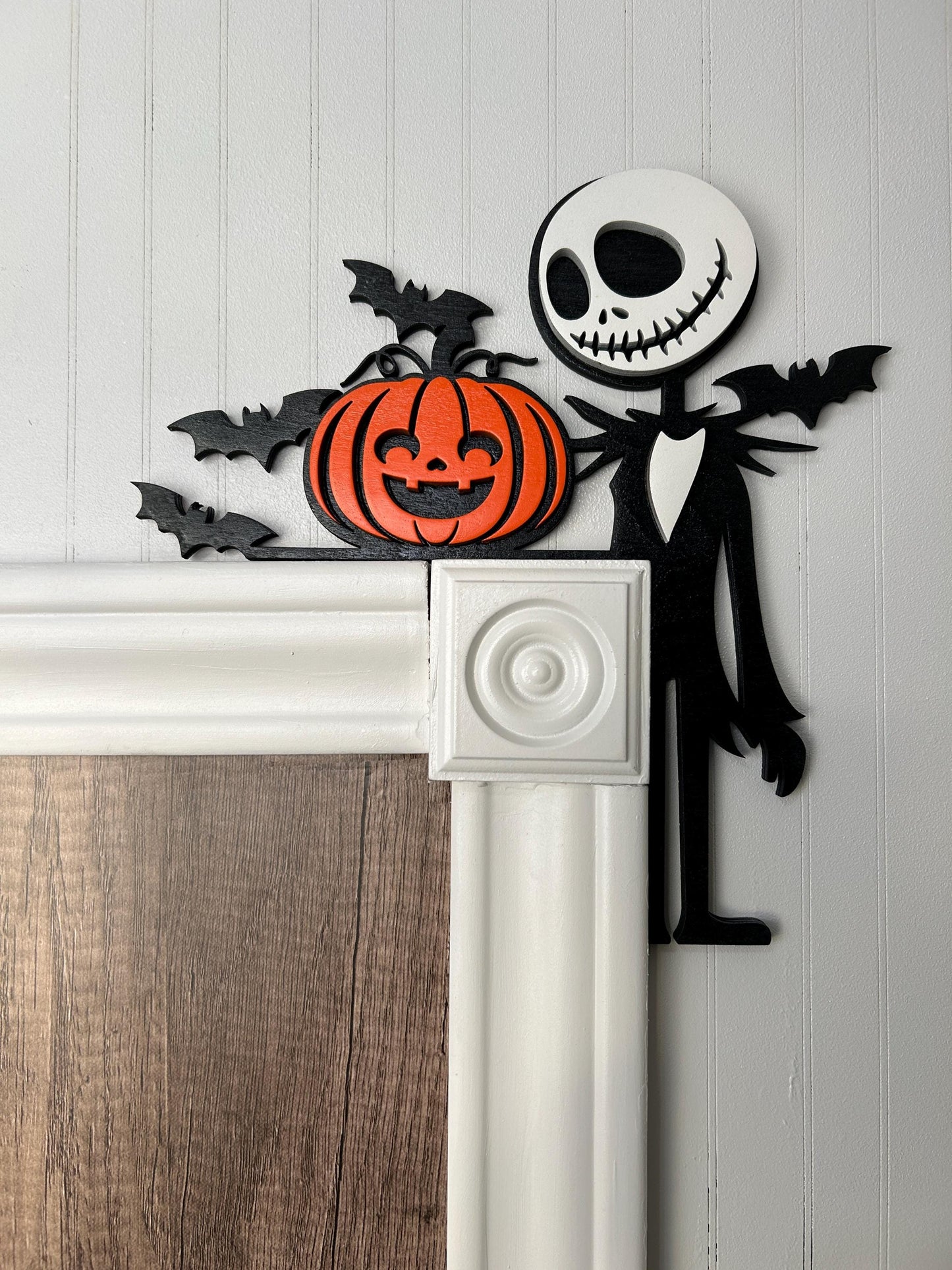 Halloween Skeleton Door Corner Sign | Pumpkin with Bats | Layered Birch Wood Spooky Wall Decor