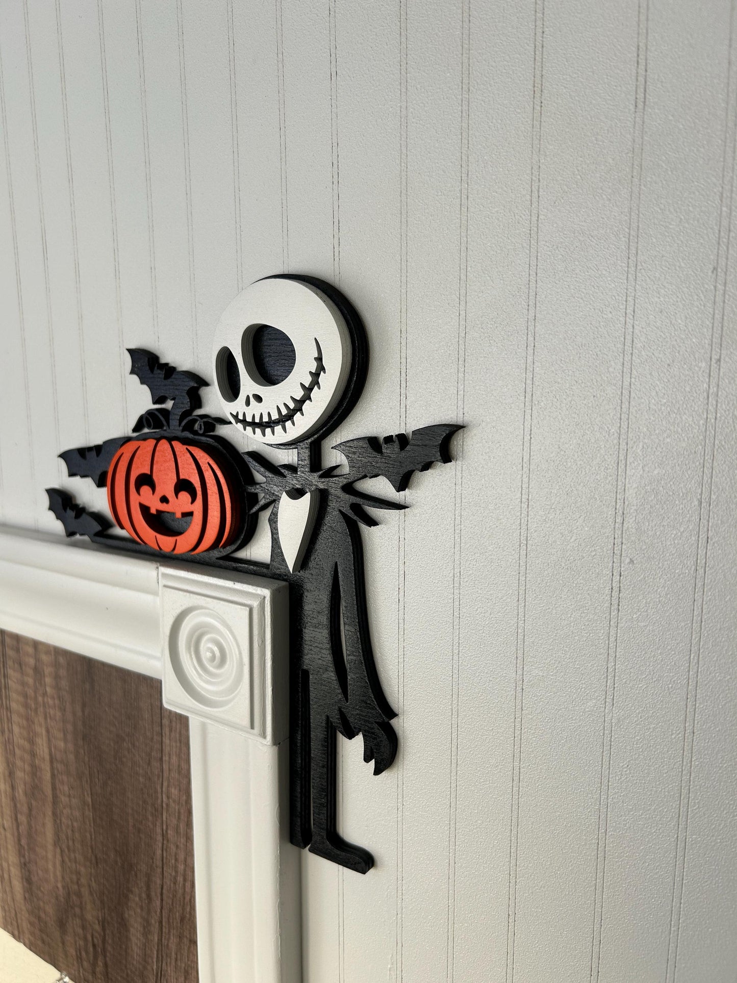 Halloween Skeleton Door Corner Sign | Pumpkin with Bats | Layered Birch Wood Spooky Wall Decor