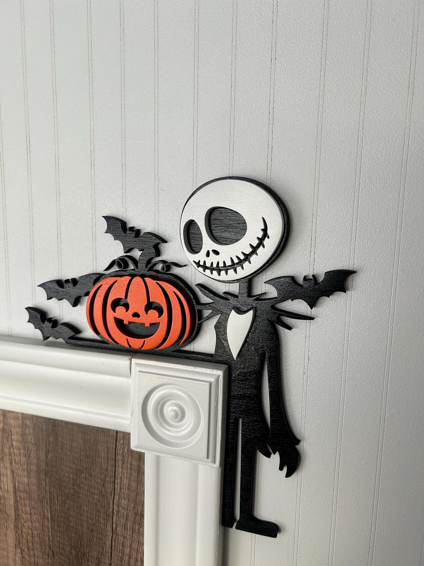 Halloween Skeleton Door Corner Sign | Pumpkin with Bats | Layered Birch Wood Spooky Wall Decor