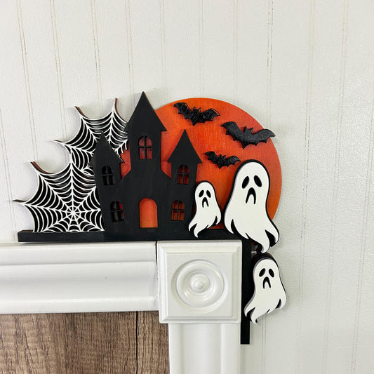 Halloween Haunted House Door Corner Sign | Blood Moon with Ghosts, Bats & Cobwebs | Layered Birch Wood Decor