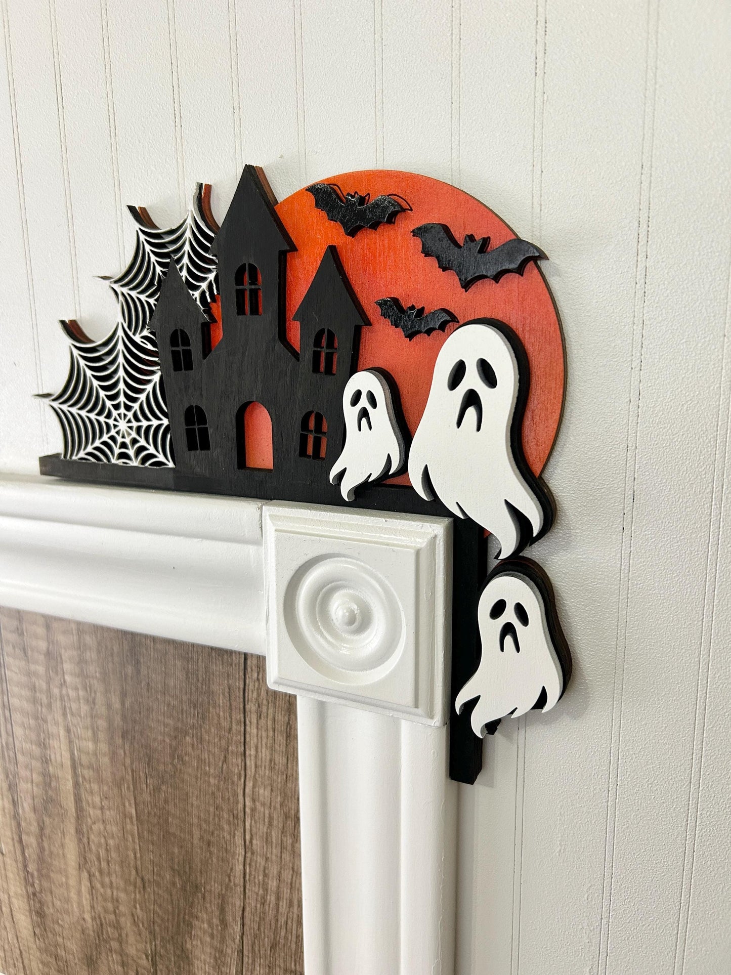 Halloween Haunted House Door Corner Sign | Blood Moon with Ghosts, Bats & Cobwebs | Layered Birch Wood Decor