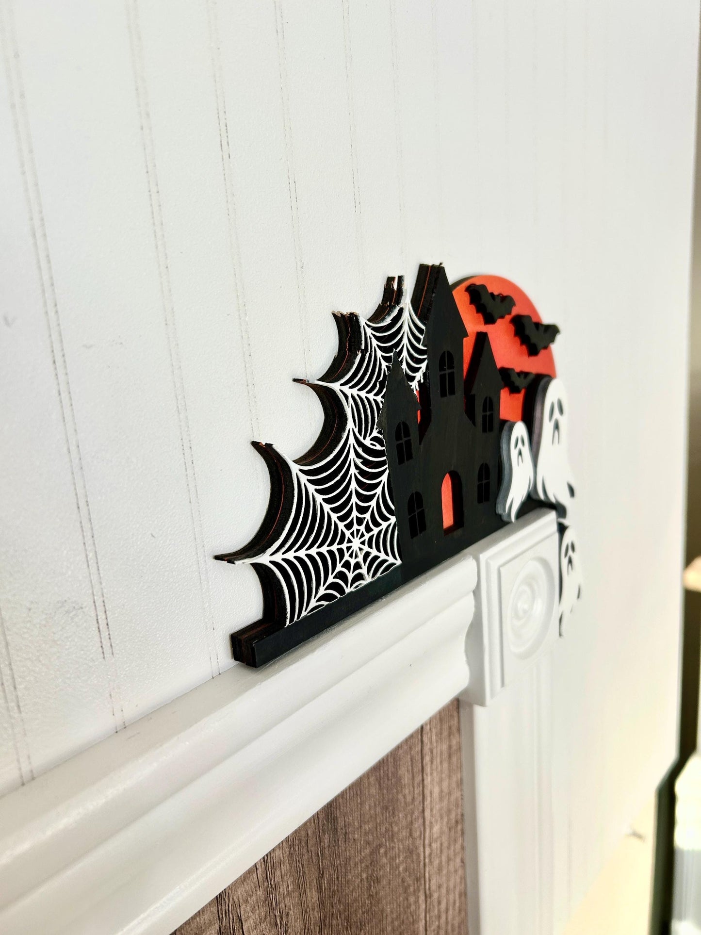 Halloween Haunted House Door Corner Sign | Blood Moon with Ghosts, Bats & Cobwebs | Layered Birch Wood Decor