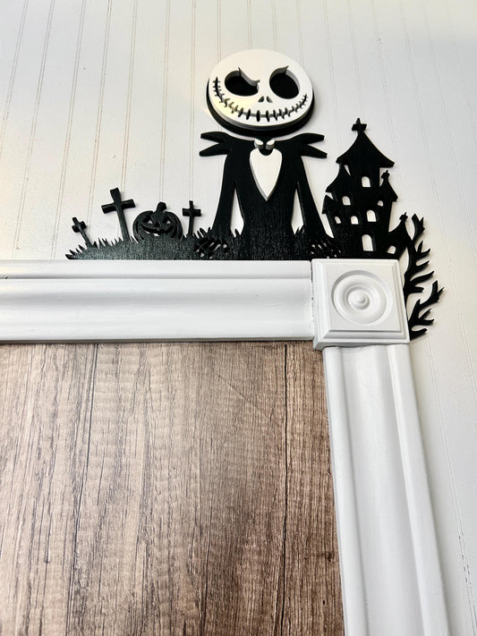Halloween Skeleton Door Corner Sign | Haunted house with Pumpkin Graveyard | Gothic Layered Wood Decor