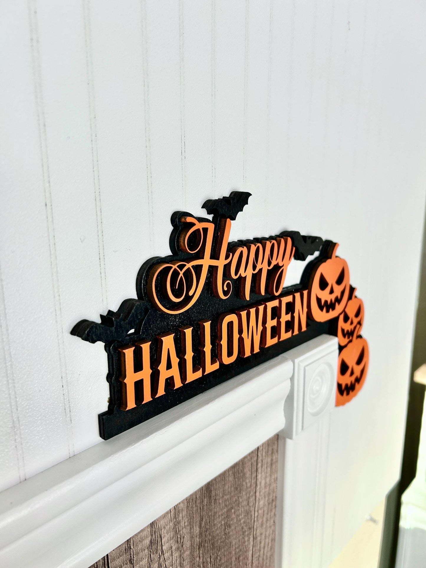 Happy Halloween Door Corner Sign | Layered Wood Jack O Lanterns & Bats | Painted Birch Wood Entryway Decor