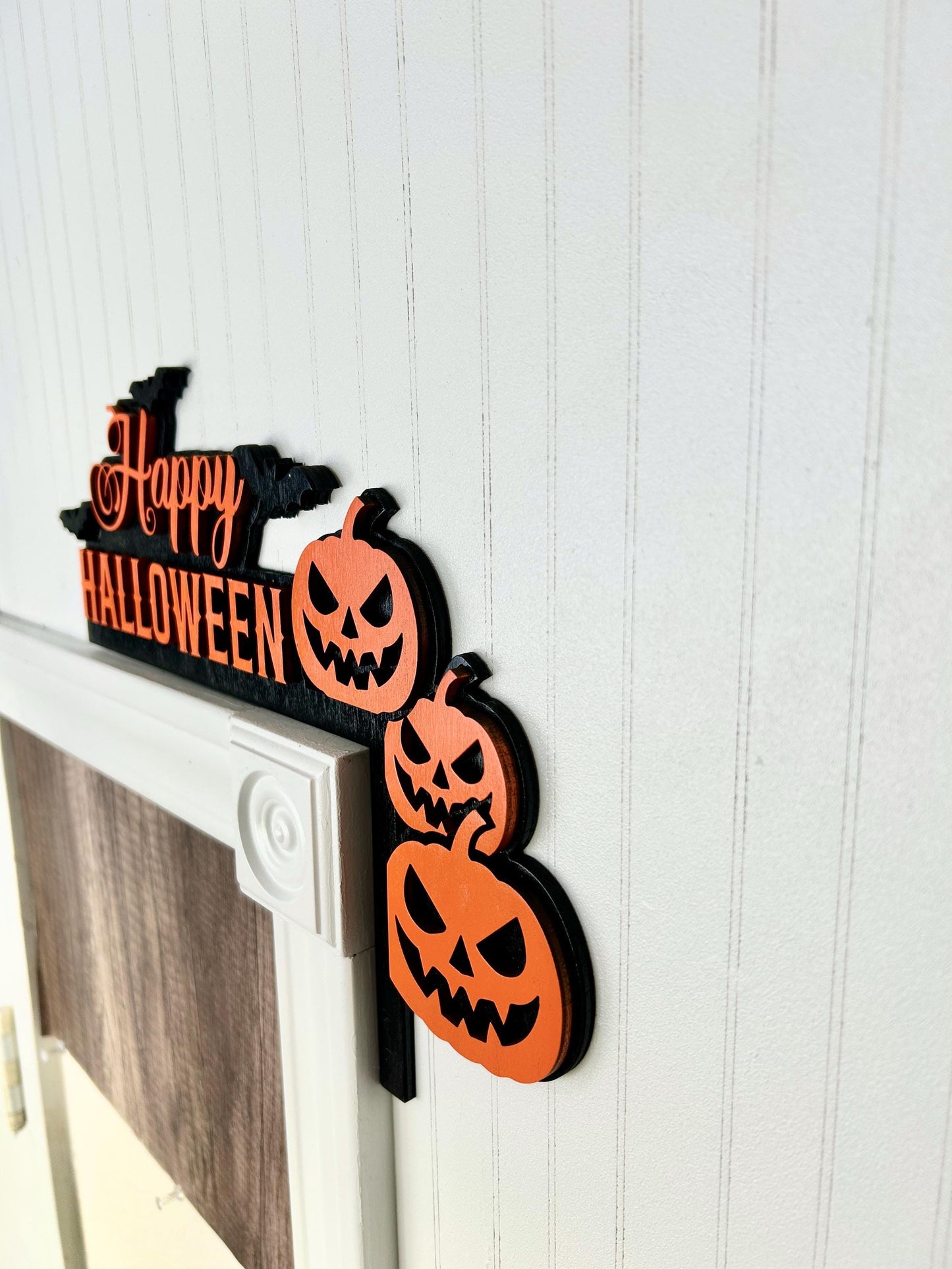 Happy Halloween Door Corner Sign | Layered Wood Jack O Lanterns & Bats | Painted Birch Wood Entryway Decor