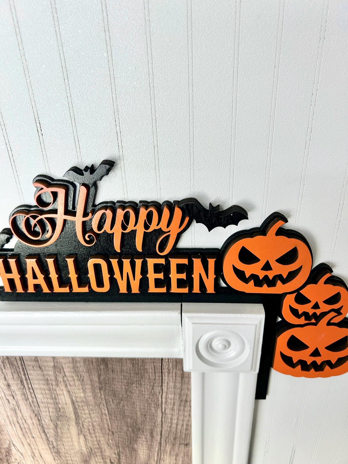 Happy Halloween Door Corner Sign | Layered Wood Jack O Lanterns & Bats | Painted Birch Wood Entryway Decor