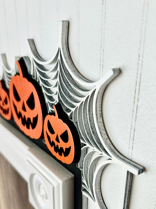 Halloween Door Frame Sign | Jack O Lanterns with Spiderweb & Hanging Spiders | Painted Birch Wood Corner Decor
